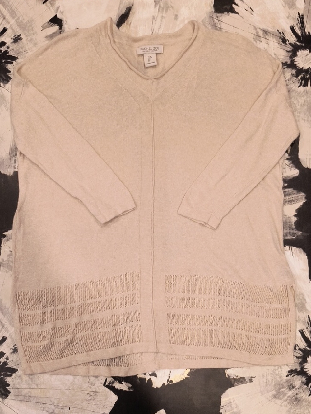 Rachel Zoe Cream Open Front Knit Sweater V neck Linen Lightweight